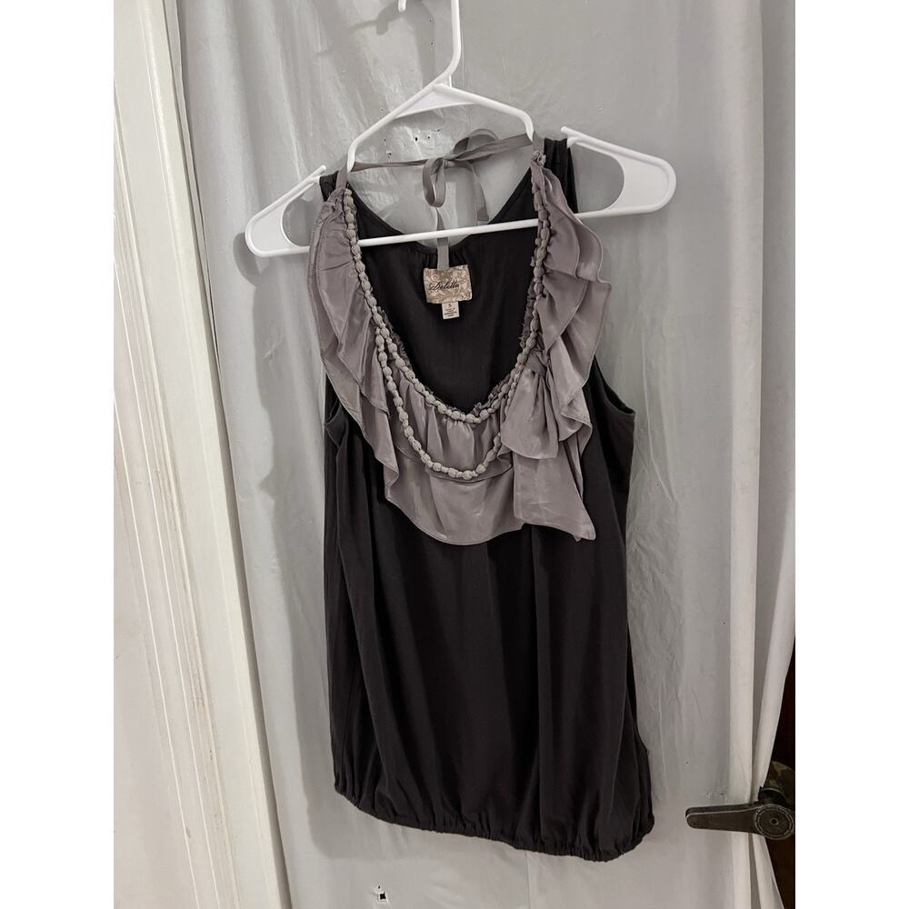 Anthropologie Deletta Gray Bubble Hem Top Removable Collar Trim Sz S